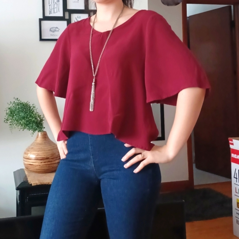Wine Red Flared Sleeve Open Back Top